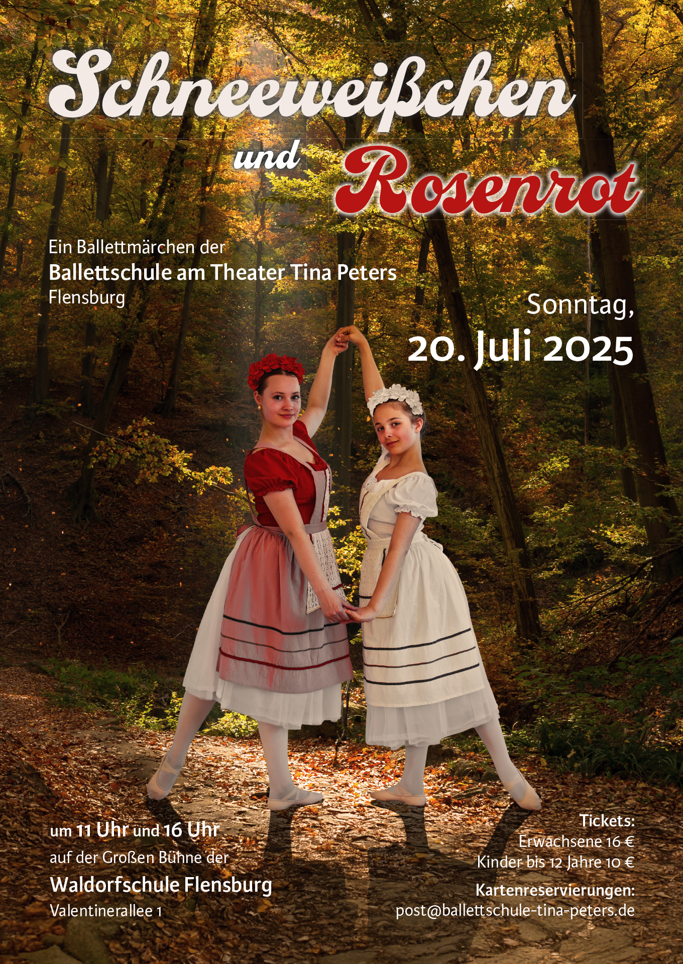 Plakat von Schneeweißchen und Rosenrot, beide stehen in einer Tanzpose in einer Waldlichtung